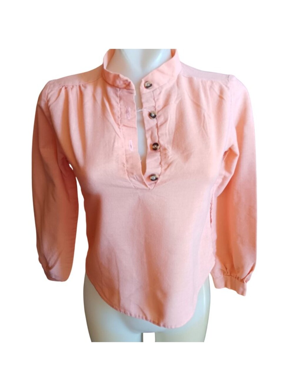 True Vintage XS Peasant Blouse Peach Top Mandarin Collar Gathered Cuffs 70s Boho